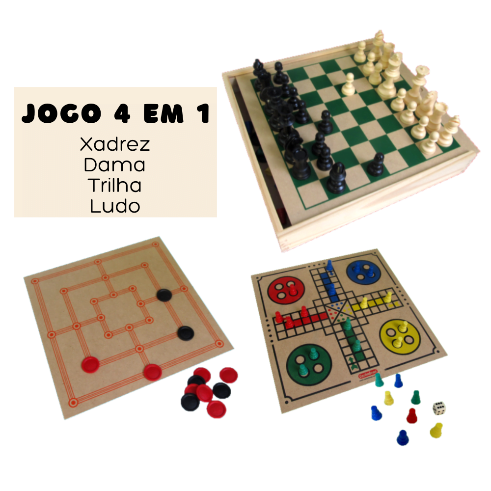 Jogo 4 em 1 - Xadrez, Ludo, Damas e Trilha - Tese Pedagógicos